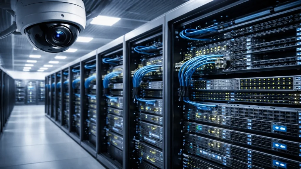 Enterprise CCTV network architecture connecting IP cameras, PoE switches, and servers inside a secure data center.