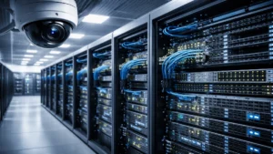 Enterprise CCTV network architecture connecting IP cameras, PoE switches, and servers inside a secure data center.