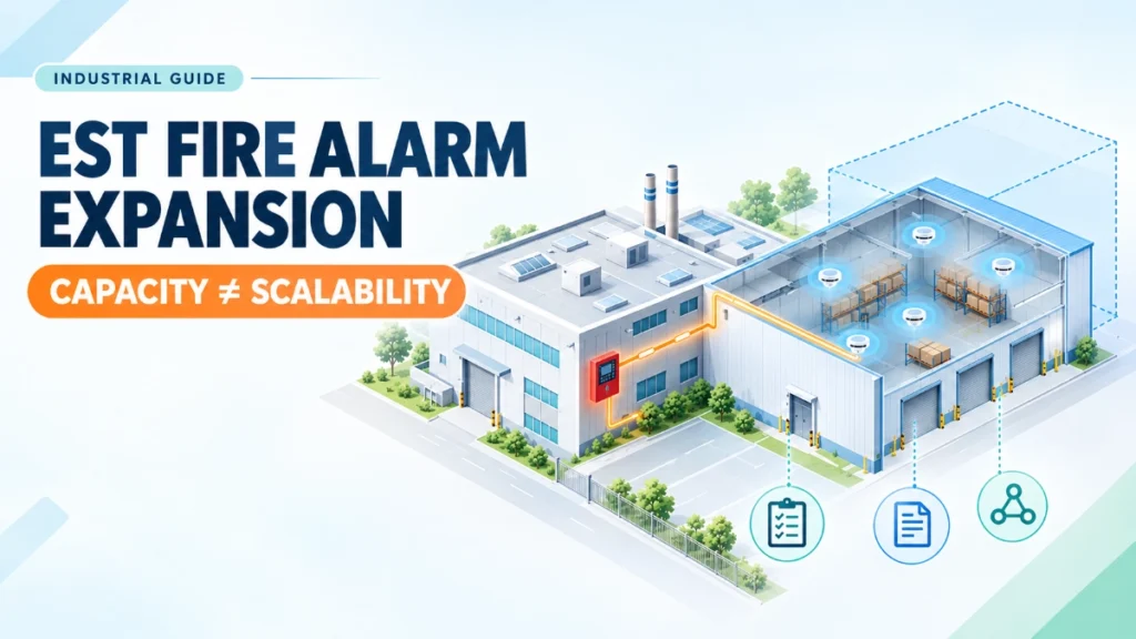 Illustration of an industrial facility with a new warehouse extension connected to an existing fire alarm system.