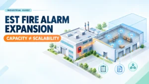 Illustration of an industrial facility with a new warehouse extension connected to an existing fire alarm system.